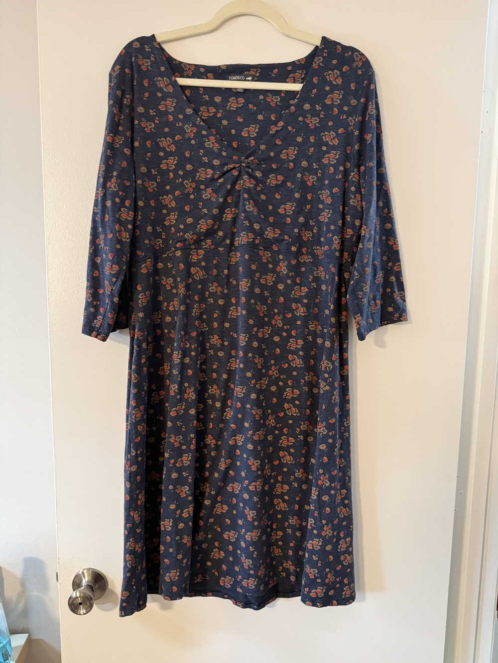 Toad&Co Navy Rosalinda V neck Dress with Red Floral Print